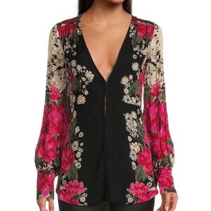 Free People Pink Bishop Sleeve V-Neck Blouse